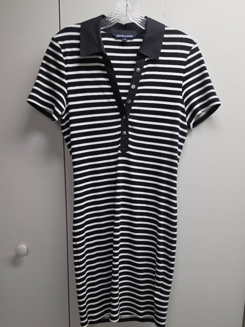 Veronica Beard Bailey striped ribbed cotton blend mini shirt dress, navy & white
